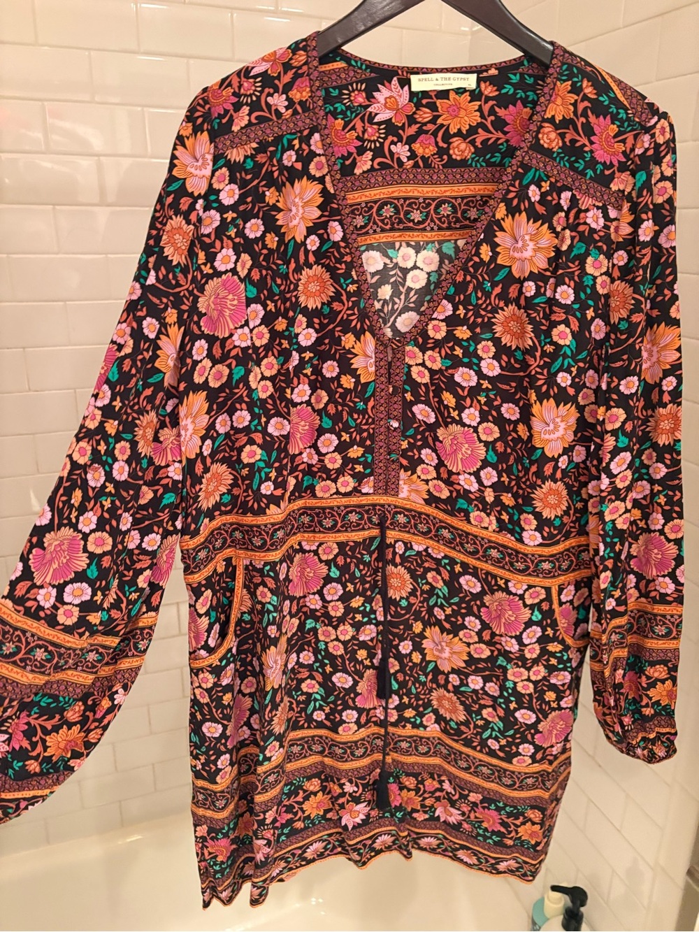 Spell Floral Long-Sleeve V-Neck Mini Dress in Black and Pink